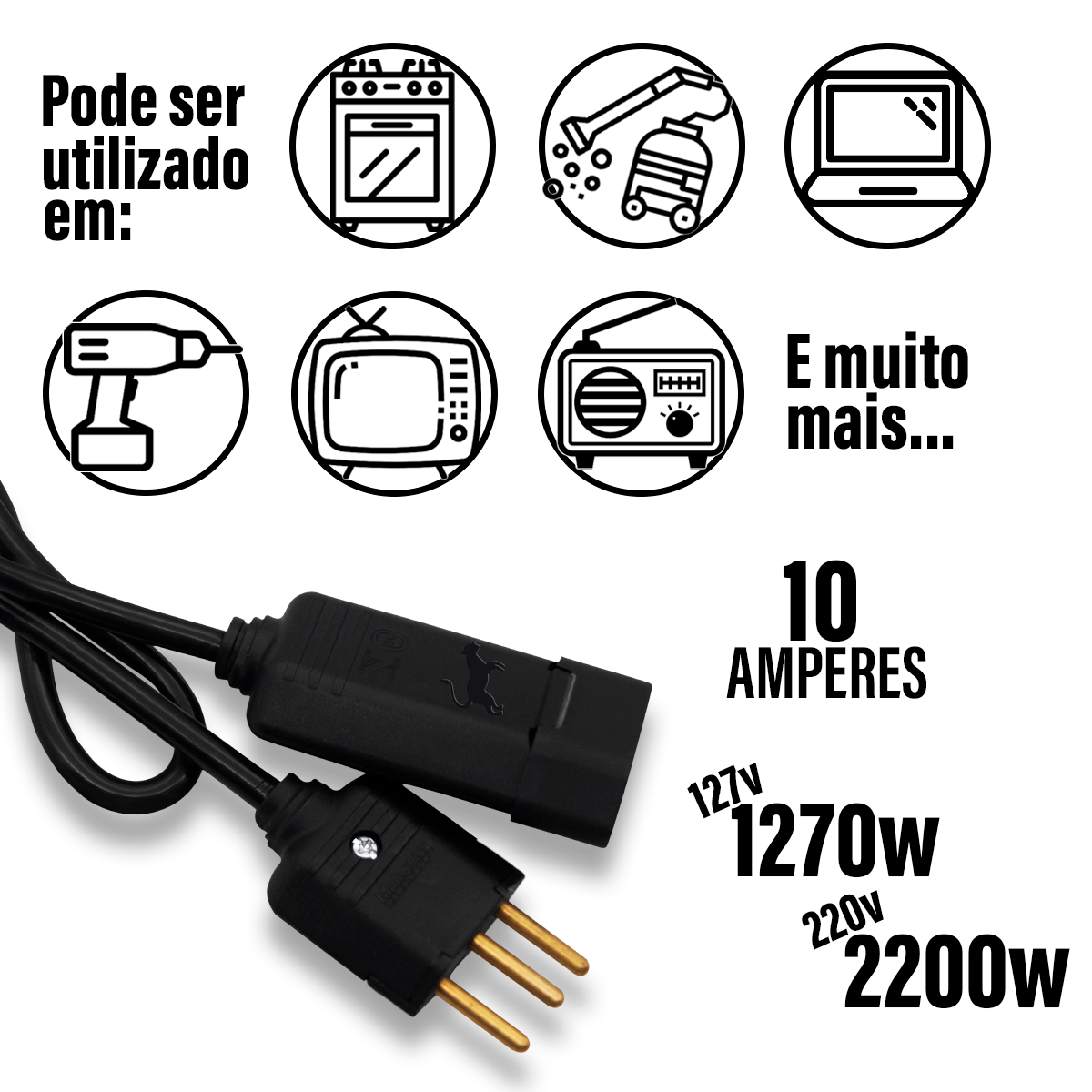 Extensão Elétrica 2 Metros 2 M 10a Cabo Pp 2 X 1,00 Mm Profissional