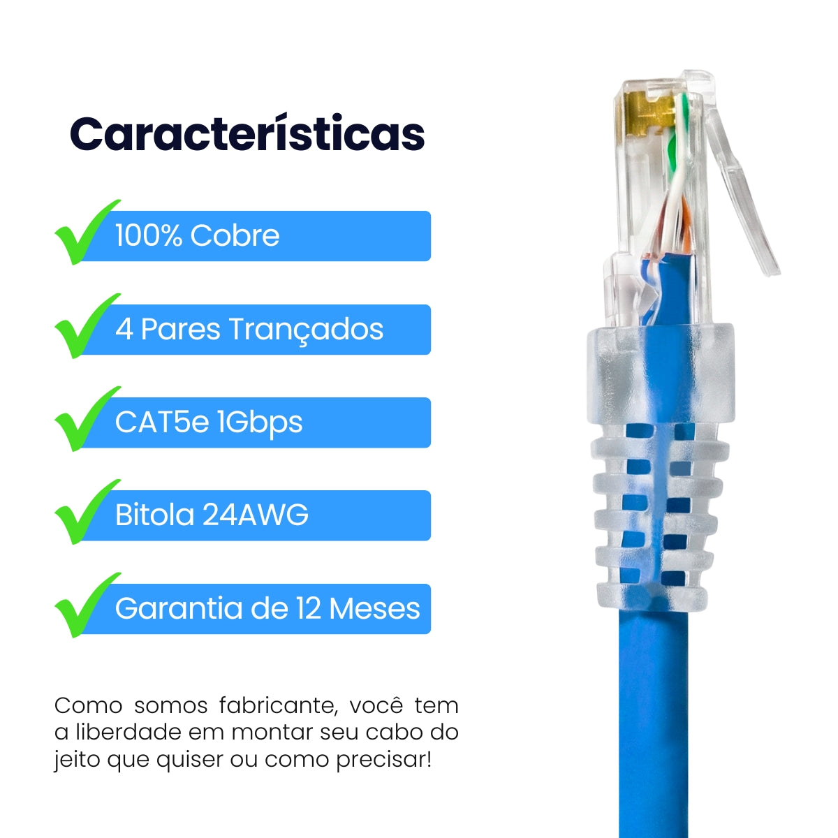 Cabo de Rede Patch Cord CAT5e 100% Cobre Várias Cores e Tamanhos