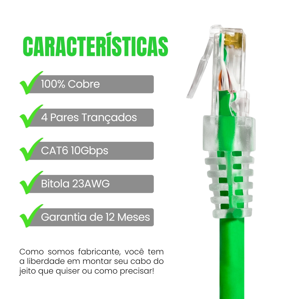 Cabo de Rede Patch Cord 23AWG CAT6 100% Cobre Várias Cores e Tamanhos