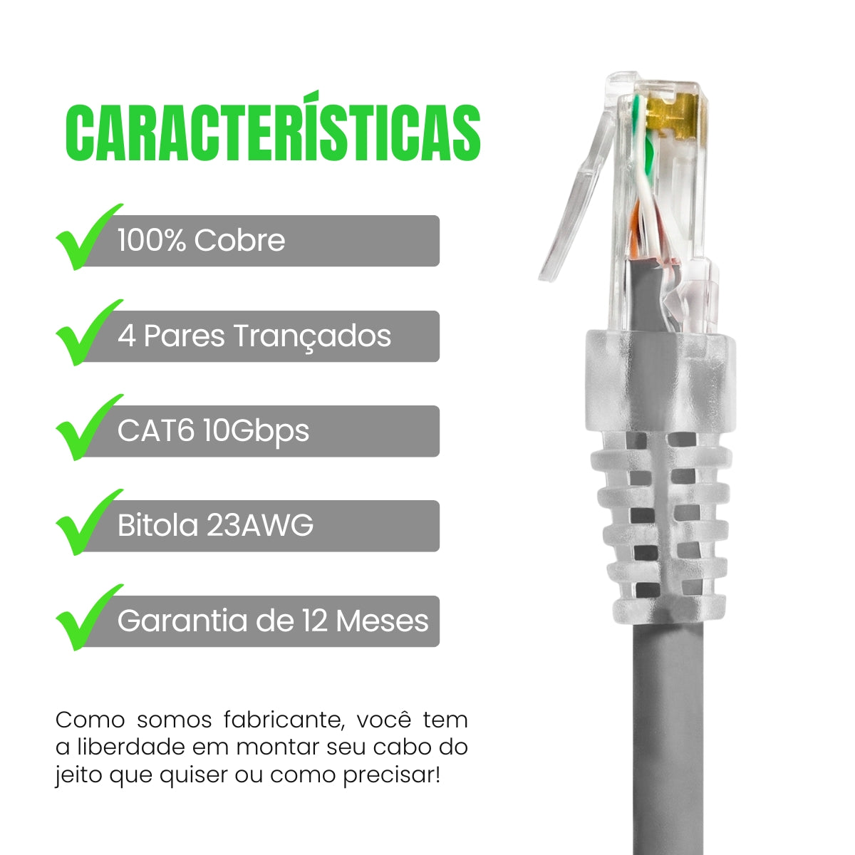 Cabo de Rede Patch Cord 23AWG CAT6 100% Cobre Várias Cores e Tamanhos